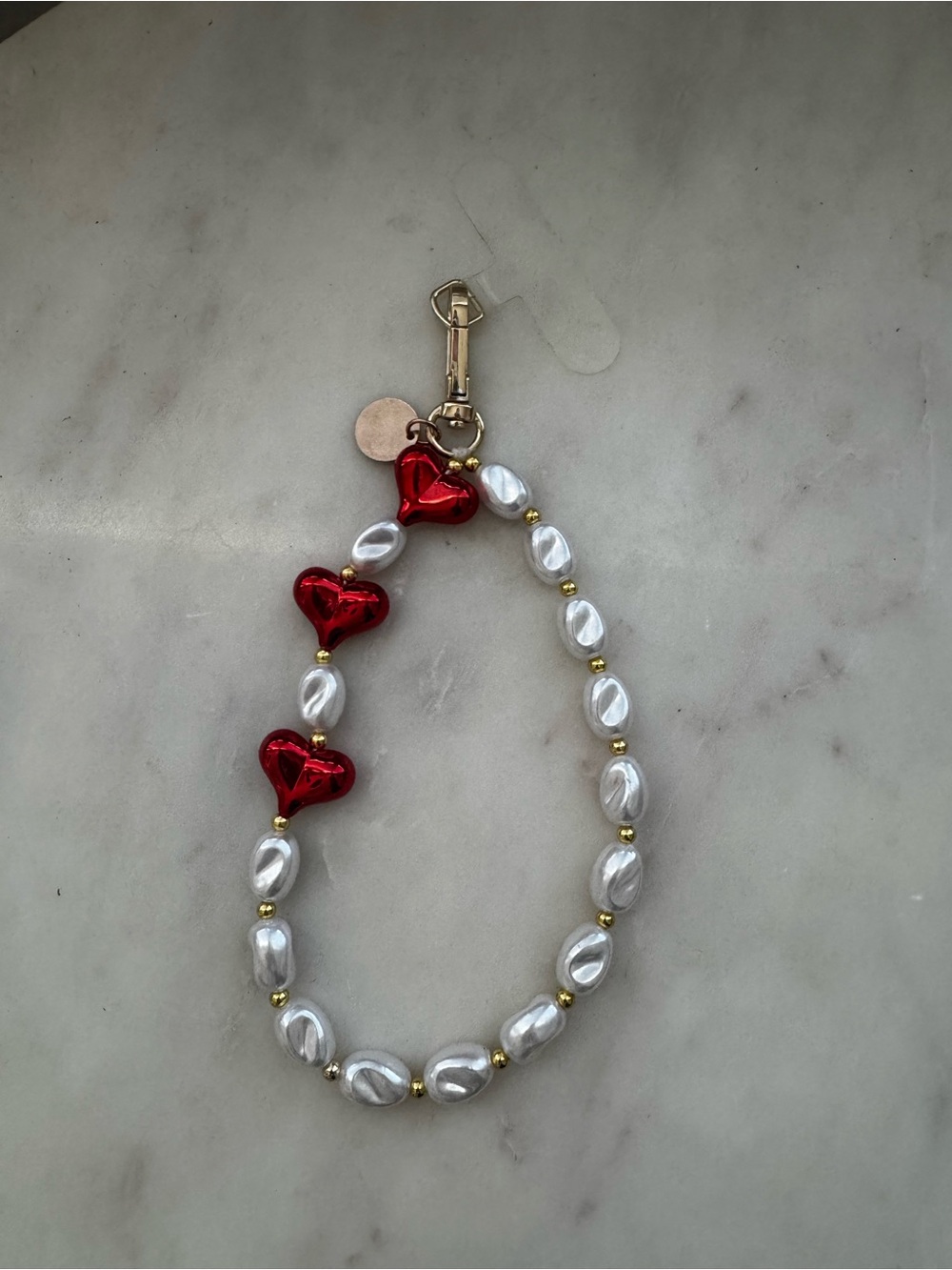 Pearl Beaded Cell Phone Wristlet with Red Heart Accents